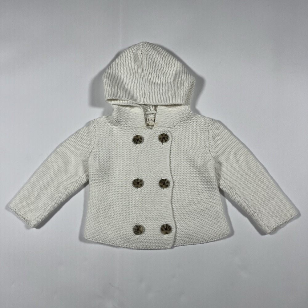 Hope & Henry Double Breasted Baby Unisex Hooded Cream Ivory Sweater 6-12 Months